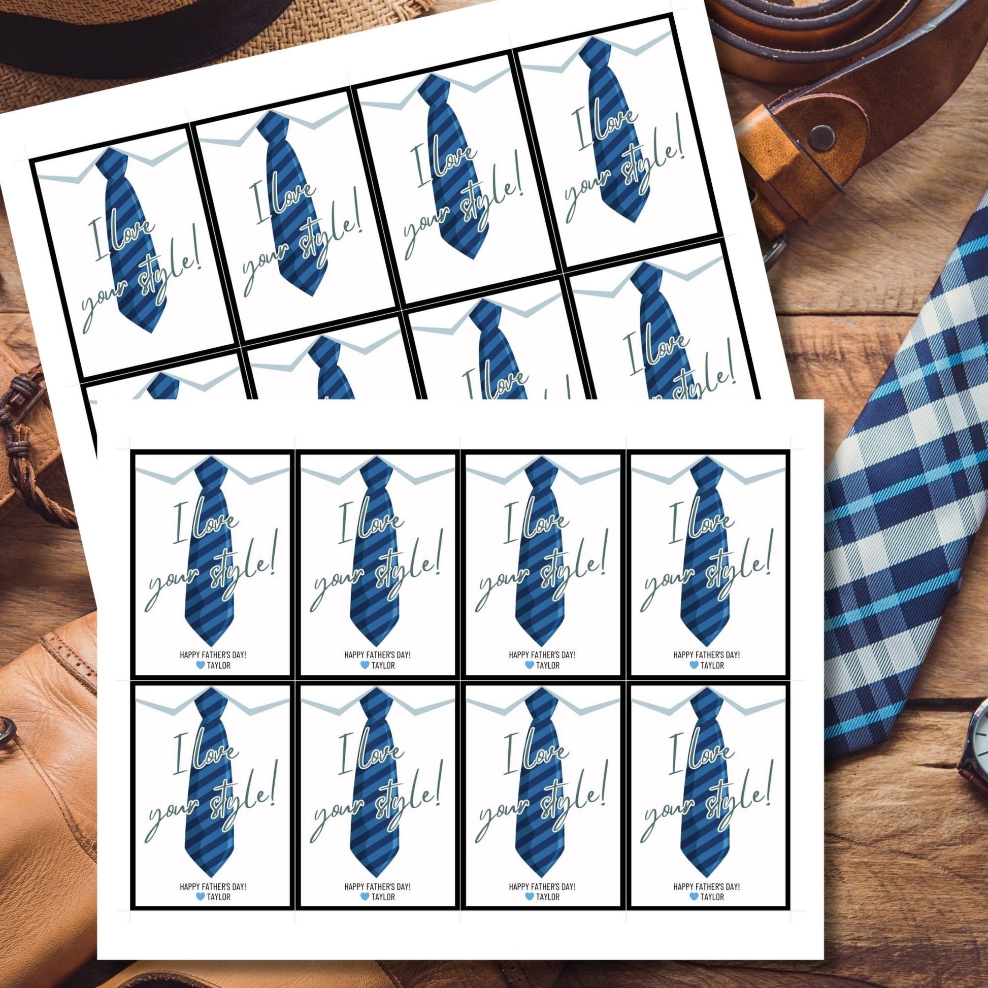 Eight tie-themed Fathers Day gift tags displayed in two rows of four. Each tag features a message about loving dads style, with a customizable name slot.