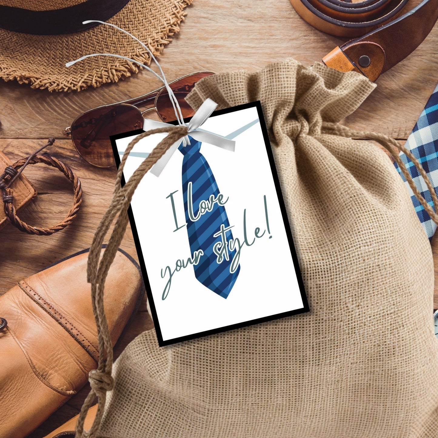 Eight tie-themed Fathers Day gift tags displayed in two rows of four. Each tag features a message about loving dads style, with a customizable name slot.