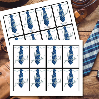 Eight tie-themed Fathers Day gift tags displayed in two rows of four. Each tag features a message about loving dads style, with a customizable name slot.