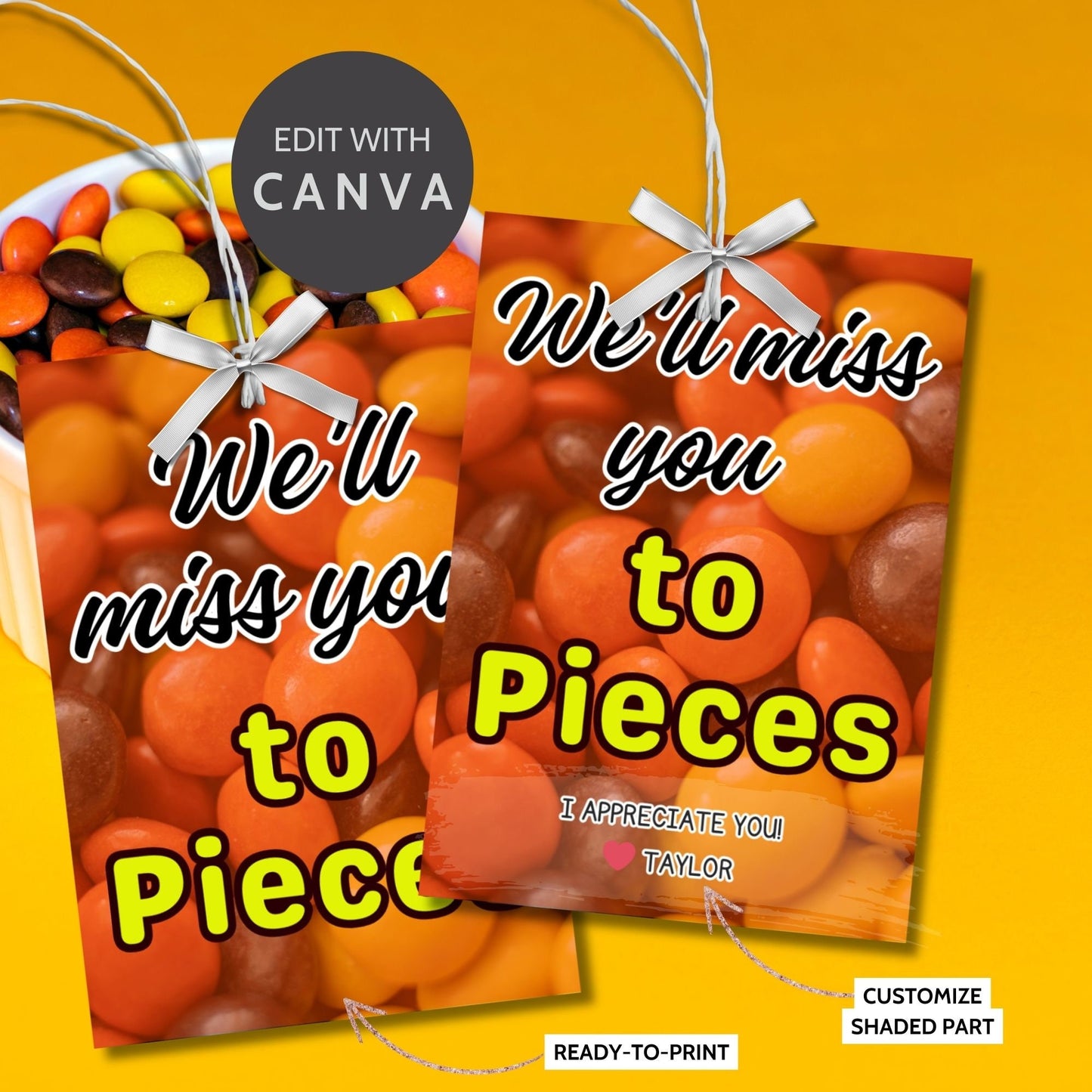 Farewell Reeses Pieces candy tags reading Well miss you to pieces, perfect for teachers, staff, employees, bus drivers. Printable and editable for personalized goodbyes. Download and print for heartfelt appreciation gifts.