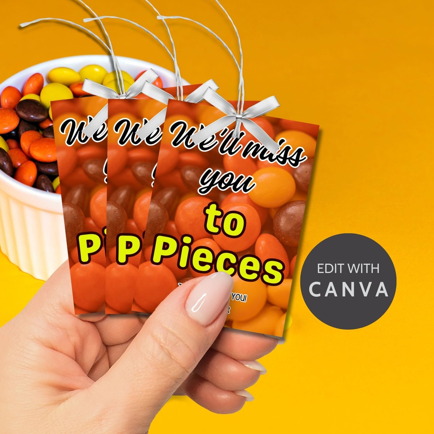 Farewell Reeses Pieces candy tags reading Well miss you to pieces, perfect for teachers, staff, employees, bus drivers. Printable and editable for personalized goodbyes. Download and print for heartfelt appreciation gifts.