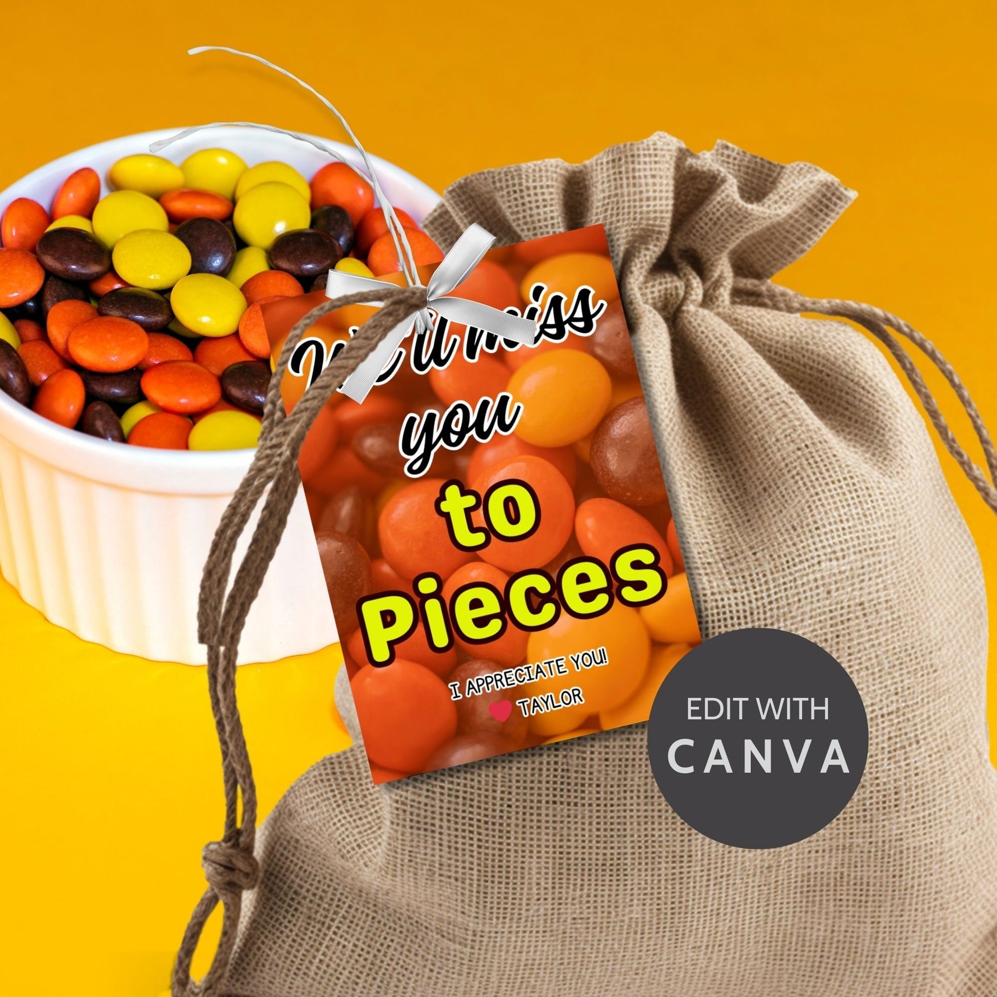 Farewell Reeses Pieces candy tags reading Well miss you to pieces, perfect for teachers, staff, employees, bus drivers. Printable and editable for personalized goodbyes. Download and print for heartfelt appreciation gifts.