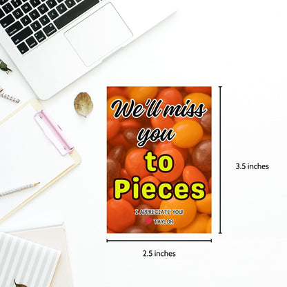 Farewell Reeses Pieces candy tags reading Well miss you to pieces, perfect for teachers, staff, employees, bus drivers. Printable and editable for personalized goodbyes. Download and print for heartfelt appreciation gifts.