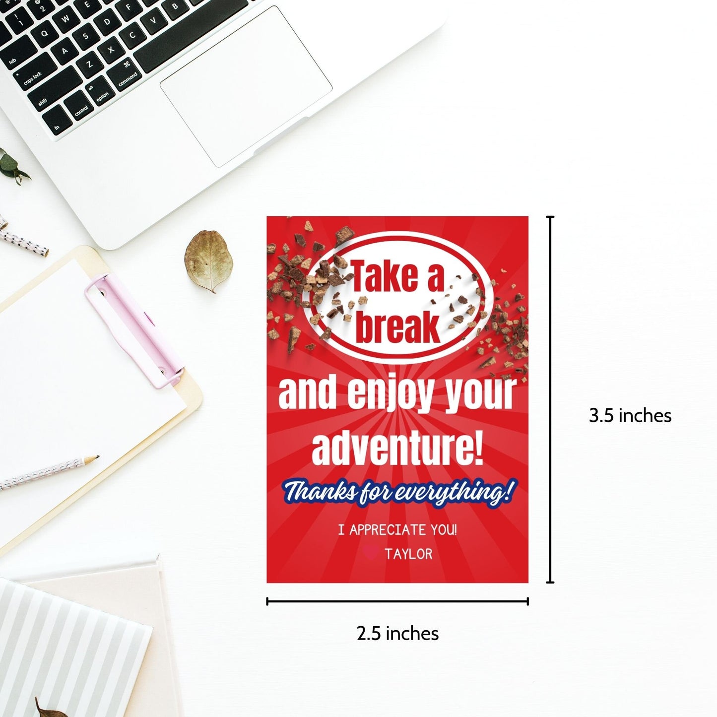 Farewell KitKat candy tags reading Take a break and enjoy your adventure. Thanks for everything! perfect for teachers, staff, employees, bus drivers. Printable and editable for personalized goodbyes. Download and print for heartfelt appreciation.