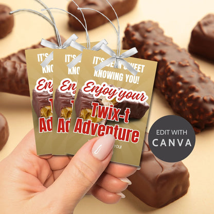 Farewell Twix candy tags reading Its been sweet knowing you! Enjoy your Twix-t adventure, perfect for teachers, staff, employees, bus drivers. Printable and editable for personalized goodbyes. Download and print for heartfelt appreciation gifts.