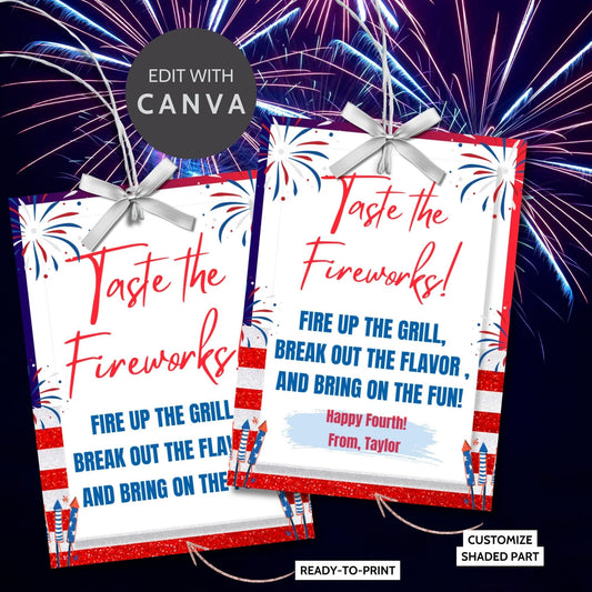 Festive 4th of July printable gift tags featuring patriotic colors, fireworks, and the message Taste the Fireworks! Fire Up the Grill, Break Out the Flavor, and Bring on the Fun! Happy Fourth!