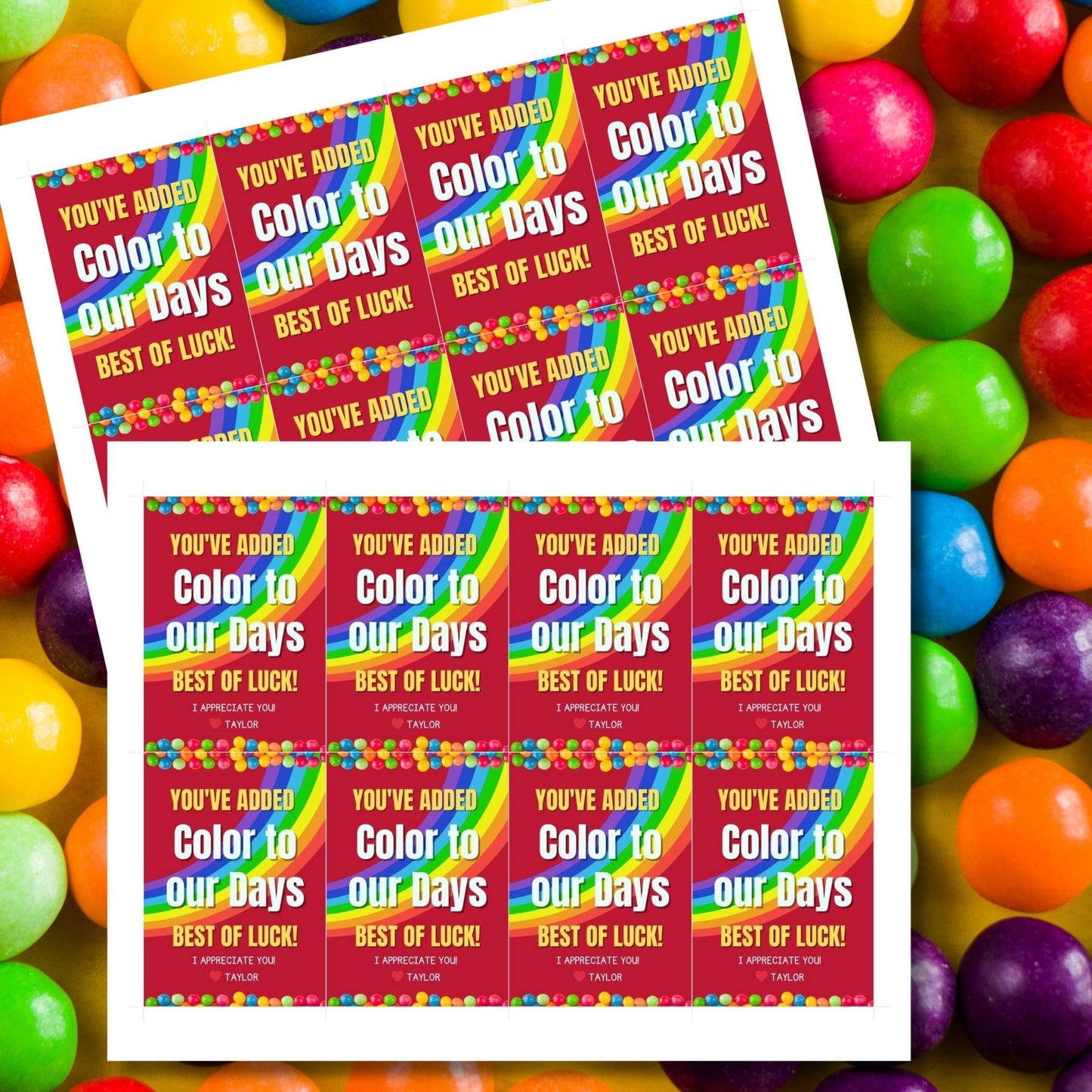 Farewell Skittles candy tags reading Youve added color to our days. Best of luck! perfect for teachers, staff, employees, bus drivers. Printable and editable for personalized goodbyes. Download and print for heartfelt appreciation gifts.