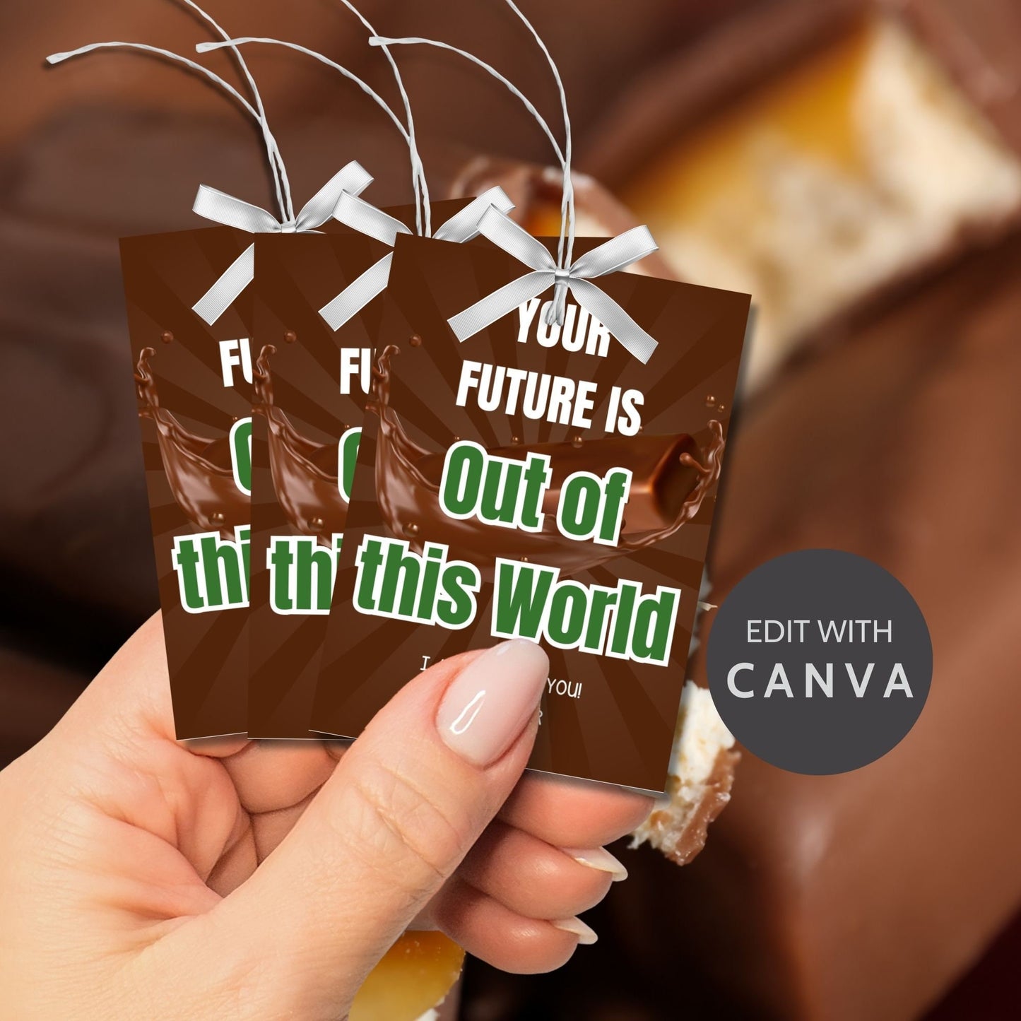 Farewell Milky Way candy tags reading Your future is out of this world, perfect for teachers, staff, employees, bus drivers. Printable and editable for personalized goodbyes. Download and print for heartfelt appreciation gifts.