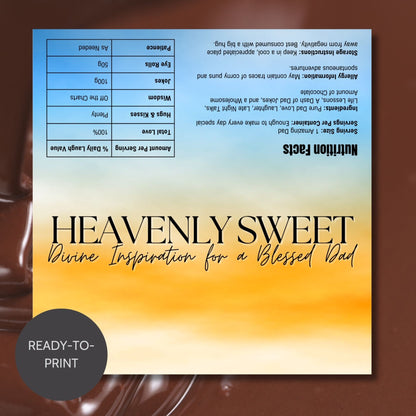 Image of a printable Fathers Day chocolate bar wrapper with a gradient from blue to golden yellow, titled HEAVENLY SWEET, and a message celebrating a Blessed Dad.