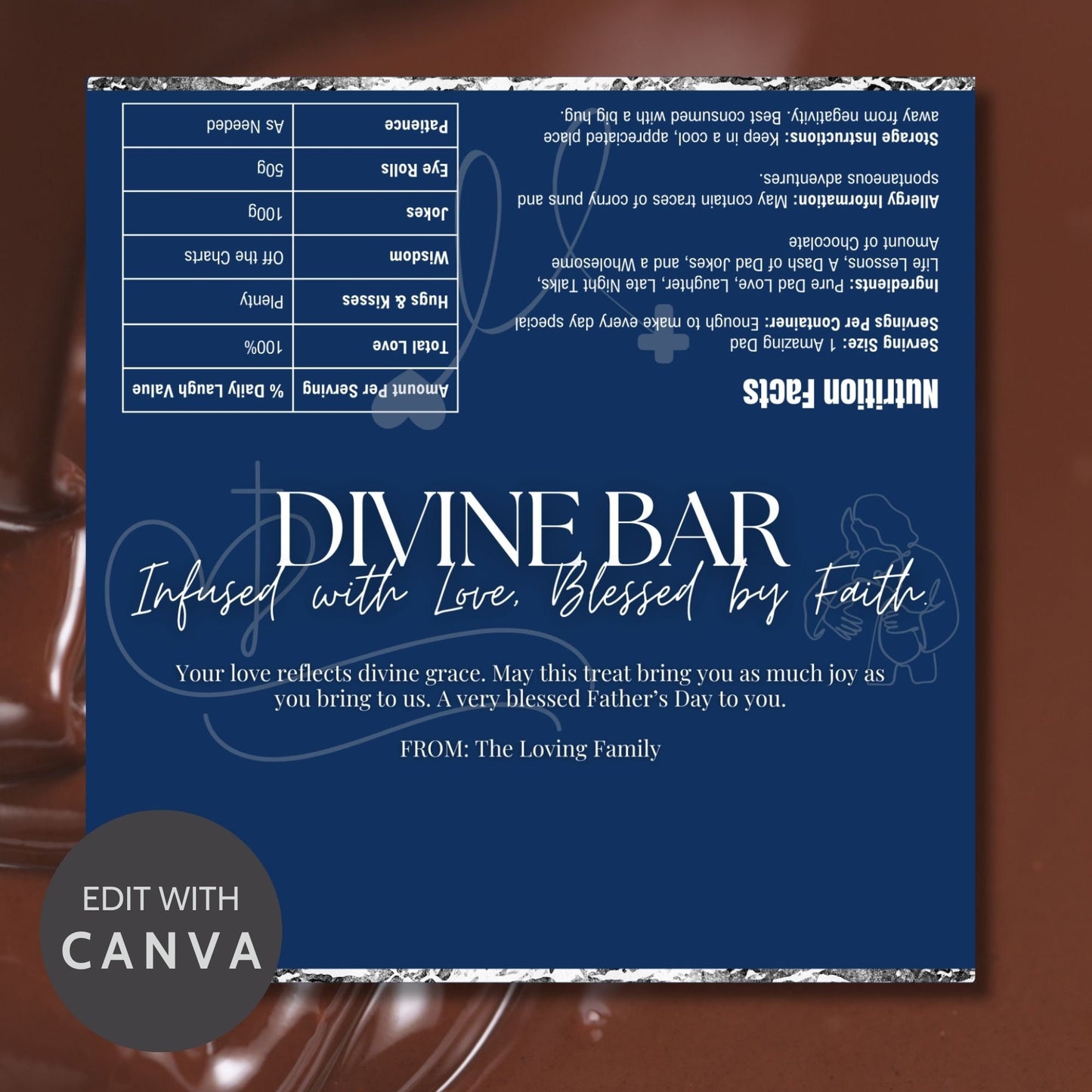 Image of a printable Fathers Day chocolate bar wrapper titled DIVINE BAR, featuring an elegant blue background with spiritual motifs, and a message that reads Infused with Love, Blessed by Faith.