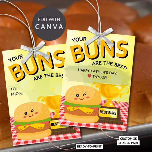 Eight buns-themed Fathers Day gift tags displayed in two rows of four. Each tag features a message about dad having the best buns, with a customizable name slot.