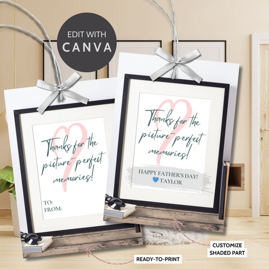 Eight picture-perfect memories Fathers Day gift tags displayed in two rows of four. Each tag features a message about thanking dad for the picture-perfect memories, with a customizable name slot.