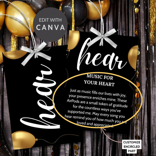 Elegant black and gold 5 Senses Birthday Gift Tags for teachers, nurses, employees, staff, bus drivers, and admin. Includes a PDF with an editable Canva template. Double-sided design with personalized descriptions and recipient&#39;s name.