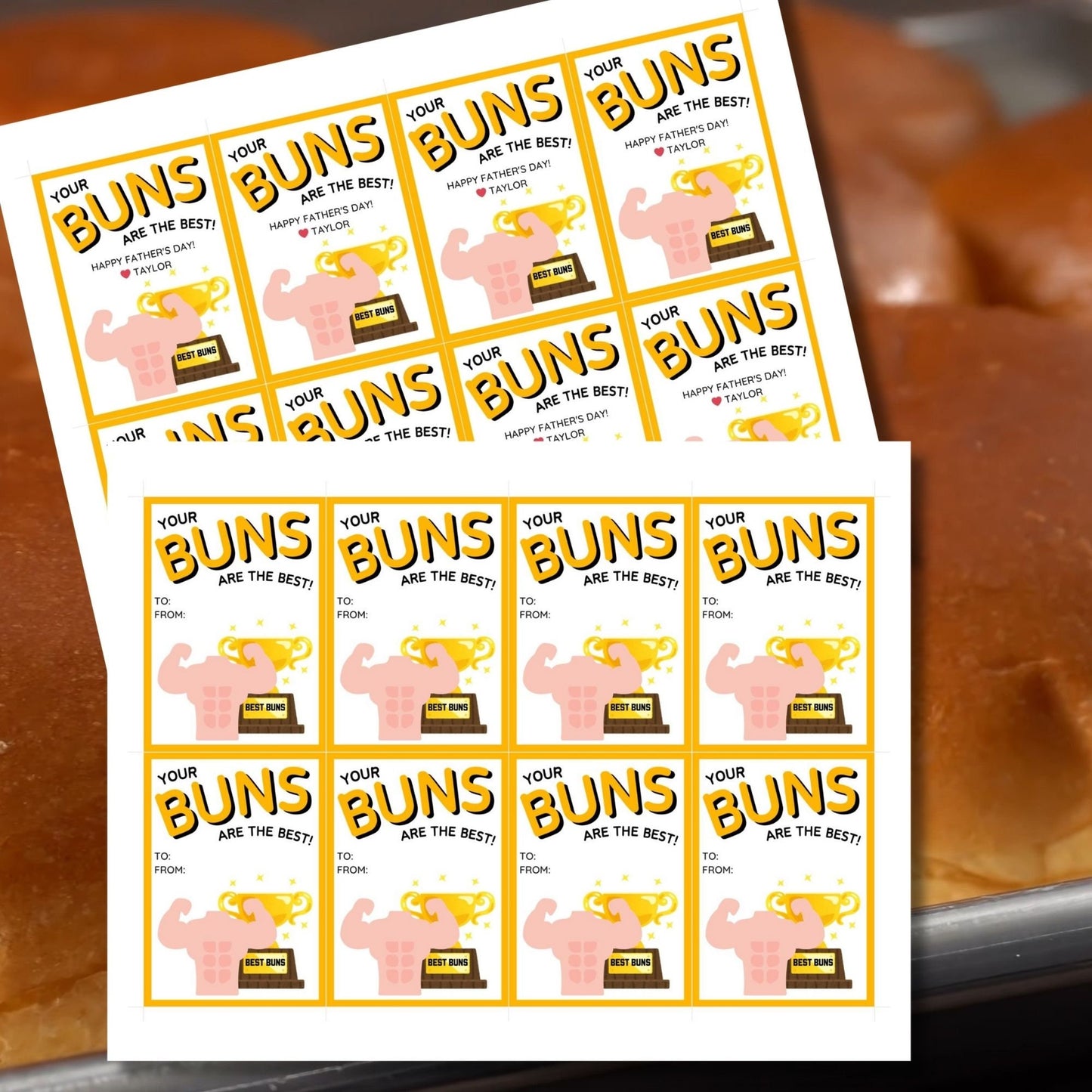 Eight buns-themed Fathers Day gift tags displayed in two rows of four. Each tag features a message about dad having the best buns, with a customizable name slot and an illustration of a muscular arm flexing with a Best Buns trophy.