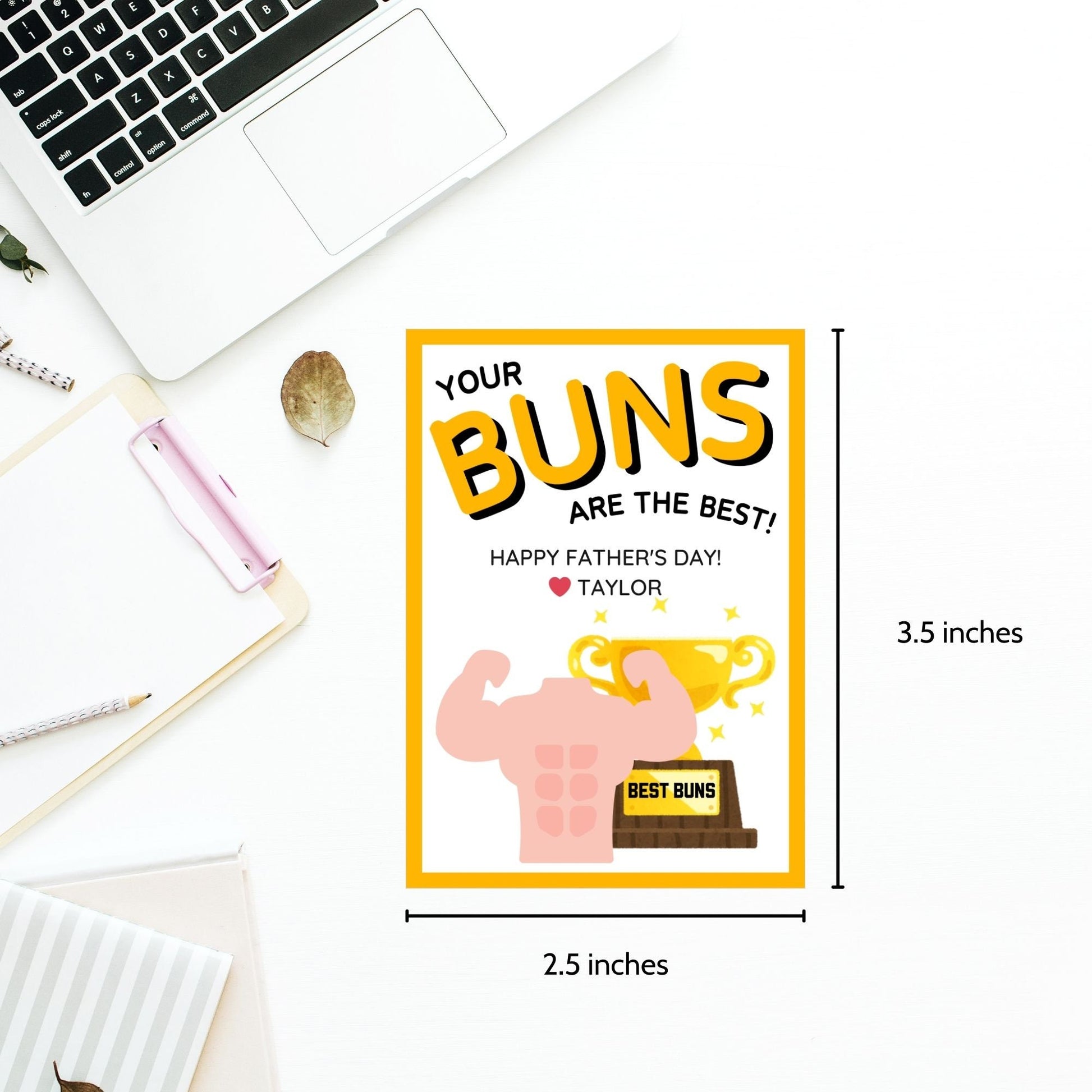 Eight buns-themed Fathers Day gift tags displayed in two rows of four. Each tag features a message about dad having the best buns, with a customizable name slot and an illustration of a muscular arm flexing with a Best Buns trophy.