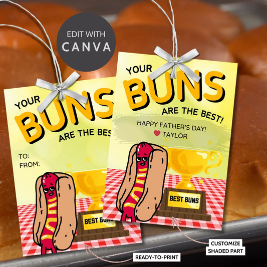 Eight buns-themed Fathers Day gift tags displayed in two rows of four. Each tag features a message about dad having the best buns, with a customizable name slot and an illustration of a hot dog with a Best Buns trophy.