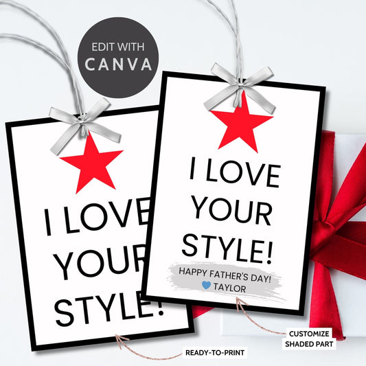 Eight Macys-themed Fathers Day gift tags displayed in two rows of four. Each tag features a message about loving dads style, with a customizable name slot and a red star icon.