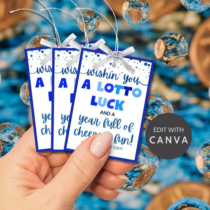 Eight lotto or scratchers-themed Fathers Day gift tags displayed in two rows of four. Each tag features a message about wishing dad a lotto luck and a year full of cheers and fun, with a customizable name slo.