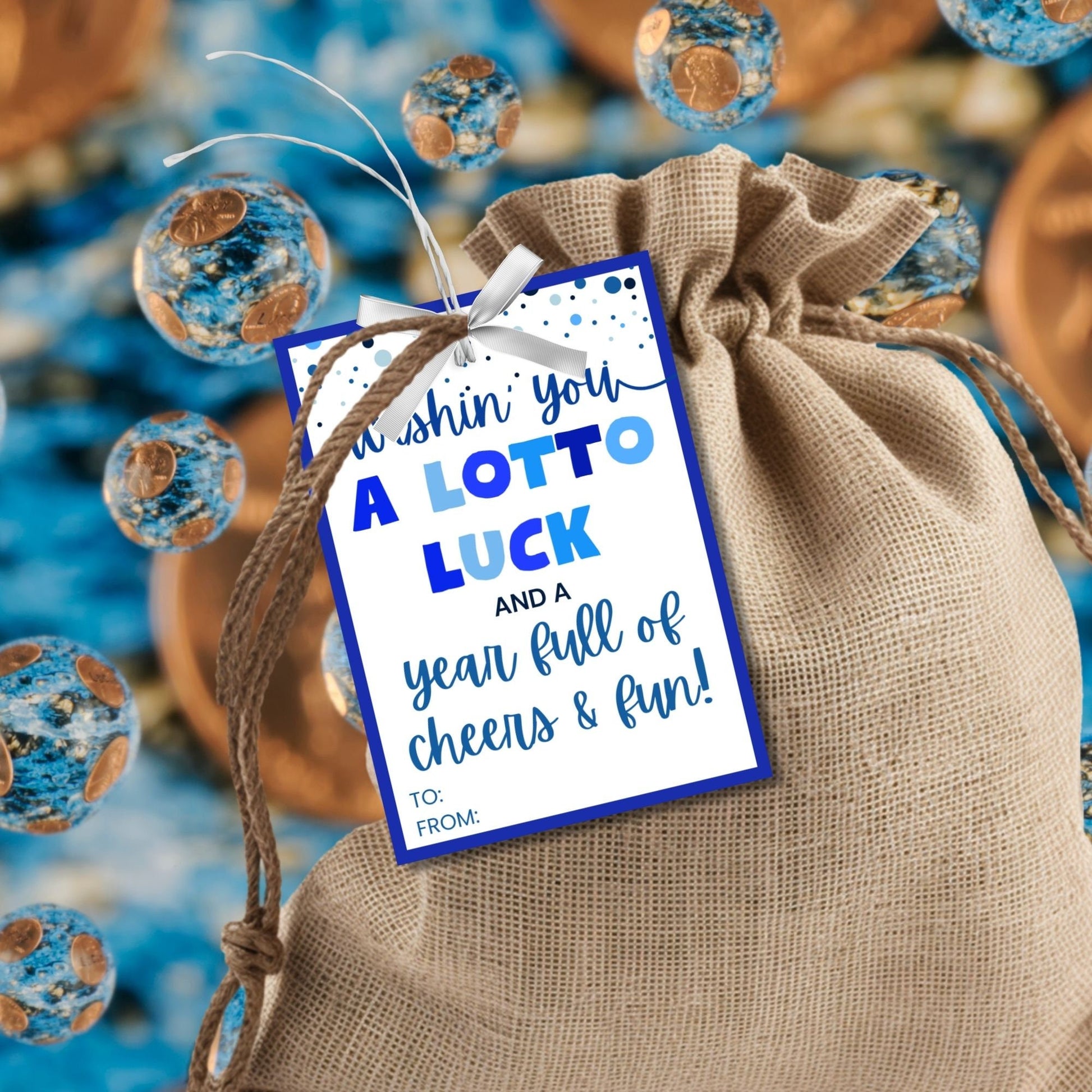 Eight lotto or scratchers-themed Fathers Day gift tags displayed in two rows of four. Each tag features a message about wishing dad a lotto luck and a year full of cheers and fun, with a customizable name slo.