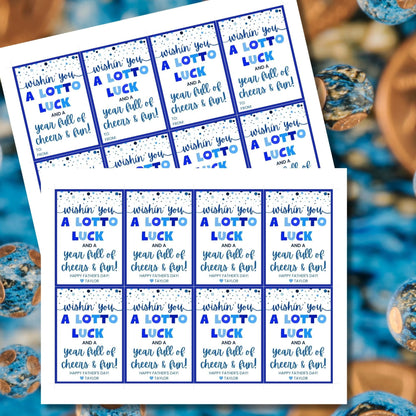 Eight lotto or scratchers-themed Fathers Day gift tags displayed in two rows of four. Each tag features a message about wishing dad a lotto luck and a year full of cheers and fun, with a customizable name slo.