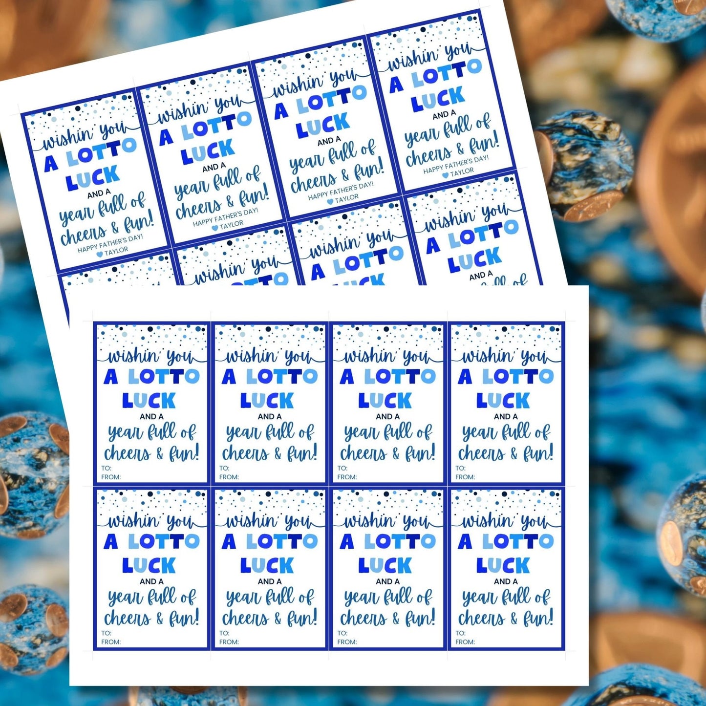 Eight lotto or scratchers-themed Fathers Day gift tags displayed in two rows of four. Each tag features a message about wishing dad a lotto luck and a year full of cheers and fun, with a customizable name slo.