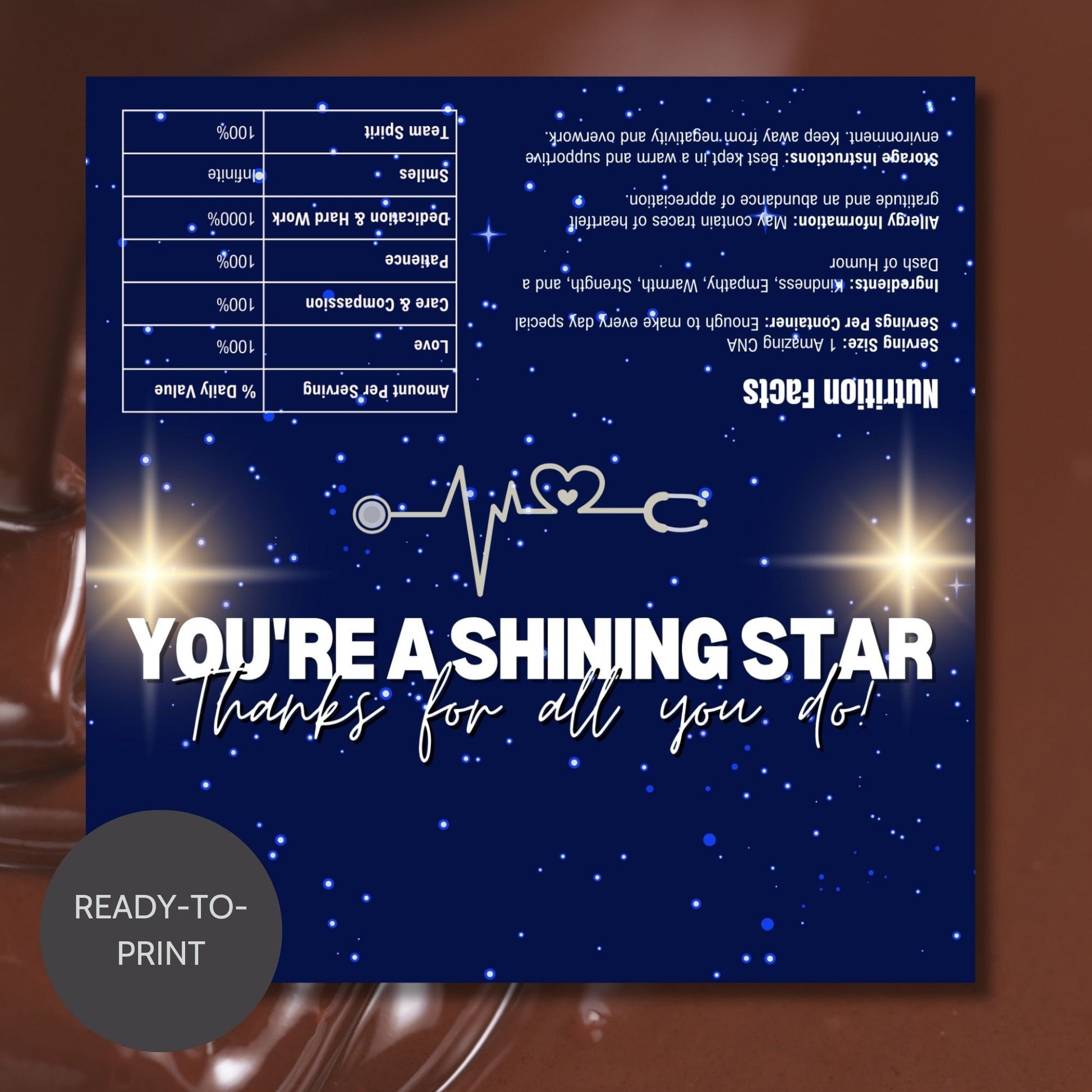 Printable chocolate bar wrapper for CNA Week with a stunning night sky design, reading Youre a Shining Star. Thanks for all you do! in bold text.