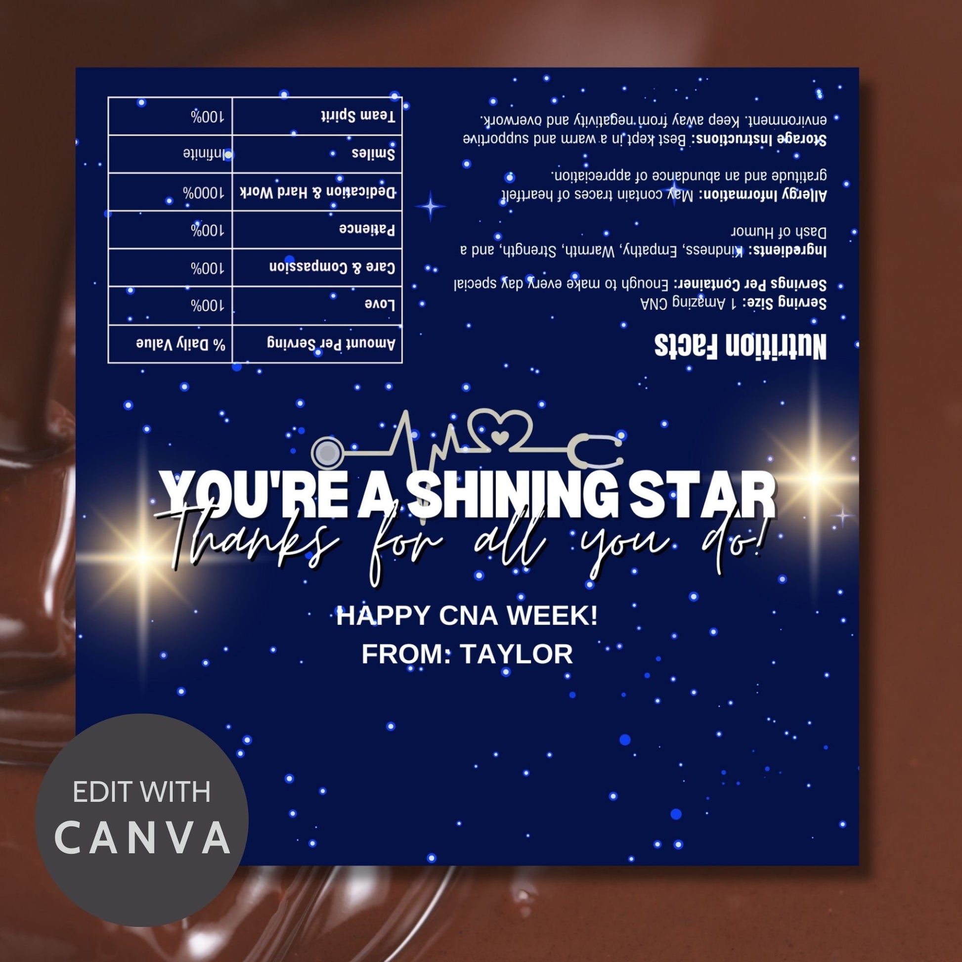 Printable chocolate bar wrapper for CNA Week with a stunning night sky design, reading Youre a Shining Star. Thanks for all you do! in bold text.