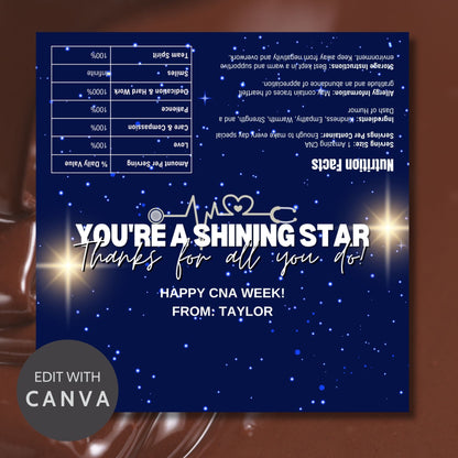 Printable chocolate bar wrapper for CNA Week with a stunning night sky design, reading Youre a Shining Star. Thanks for all you do! in bold text.