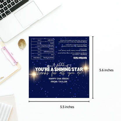 Printable chocolate bar wrapper for CNA Week with a stunning night sky design, reading Youre a Shining Star. Thanks for all you do! in bold text.