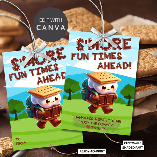 Fun summer gift tags featuring a cute smore character with a backpack and the text Smore Fun Times Ahead! Thanks for a Sweet Year! Enjoy the Summer! Personalize with names.