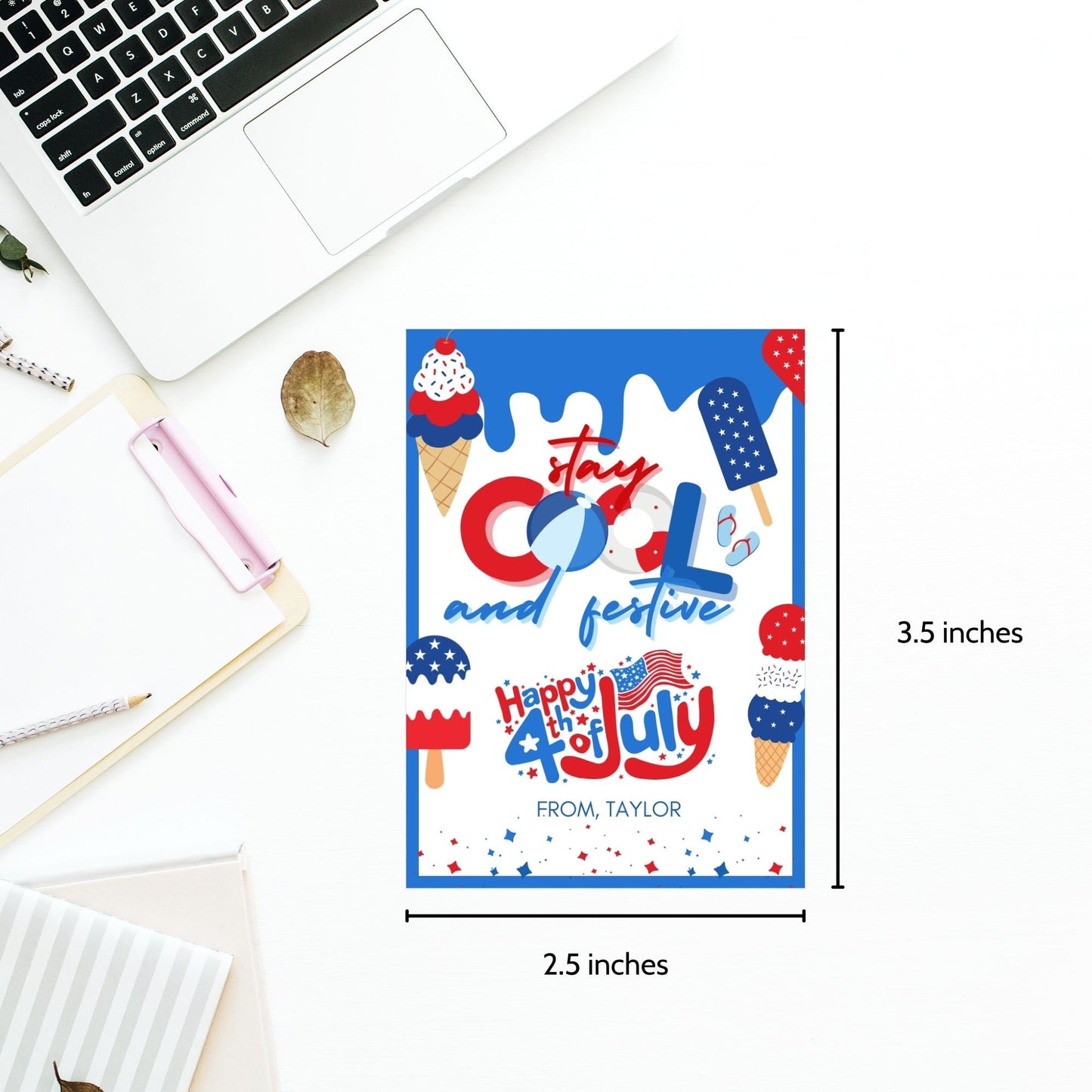 Festive 4th of July printable gift tags featuring patriotic colors, ice cream, and popsicle graphics with the message Stay Cool and Festive. Happy 4th of July! Perfect for party favors and gifts.