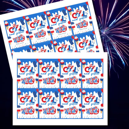 Festive 4th of July printable gift tags featuring patriotic colors, ice cream, and popsicle graphics with the message Stay Cool and Festive. Happy 4th of July! Perfect for party favors and gifts.