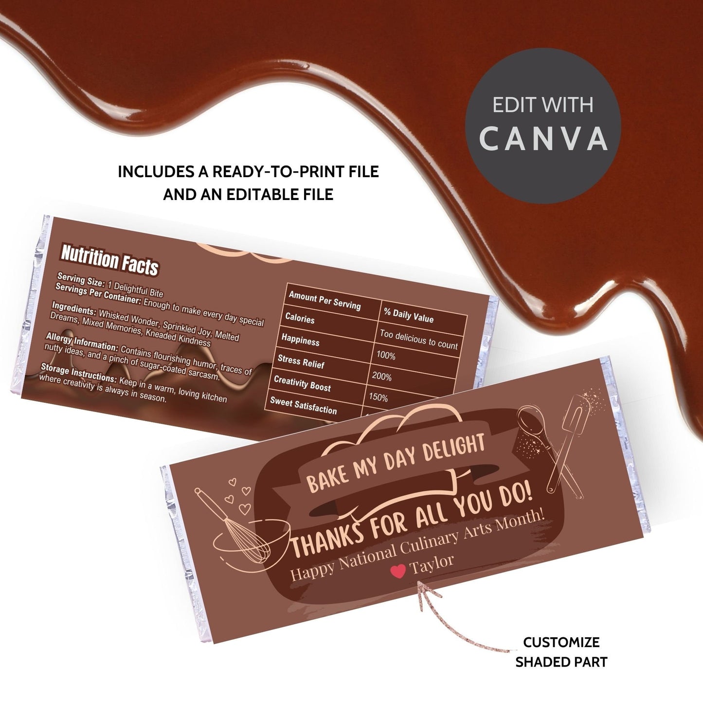 Printable chocolate bar wrapper for National Culinary Arts Month featuring a baking theme with Bake My Day Delight and Thanks for all you do! message, ideal for culinary enthusiasts.