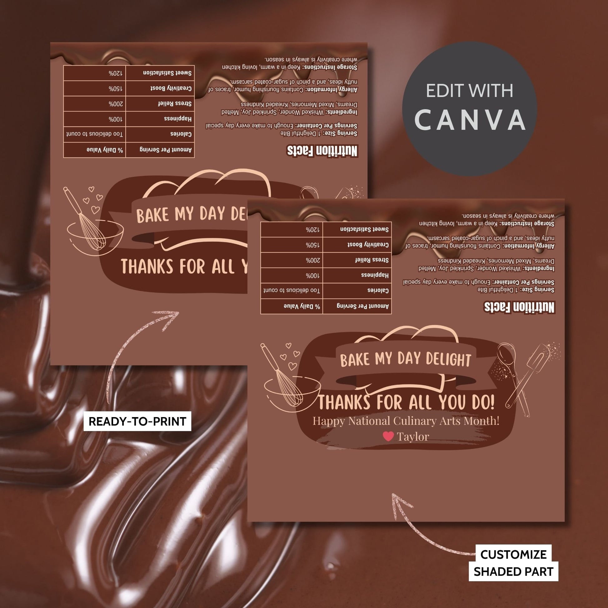 Printable chocolate bar wrapper for National Culinary Arts Month featuring a baking theme with Bake My Day Delight and Thanks for all you do! message, ideal for culinary enthusiasts.