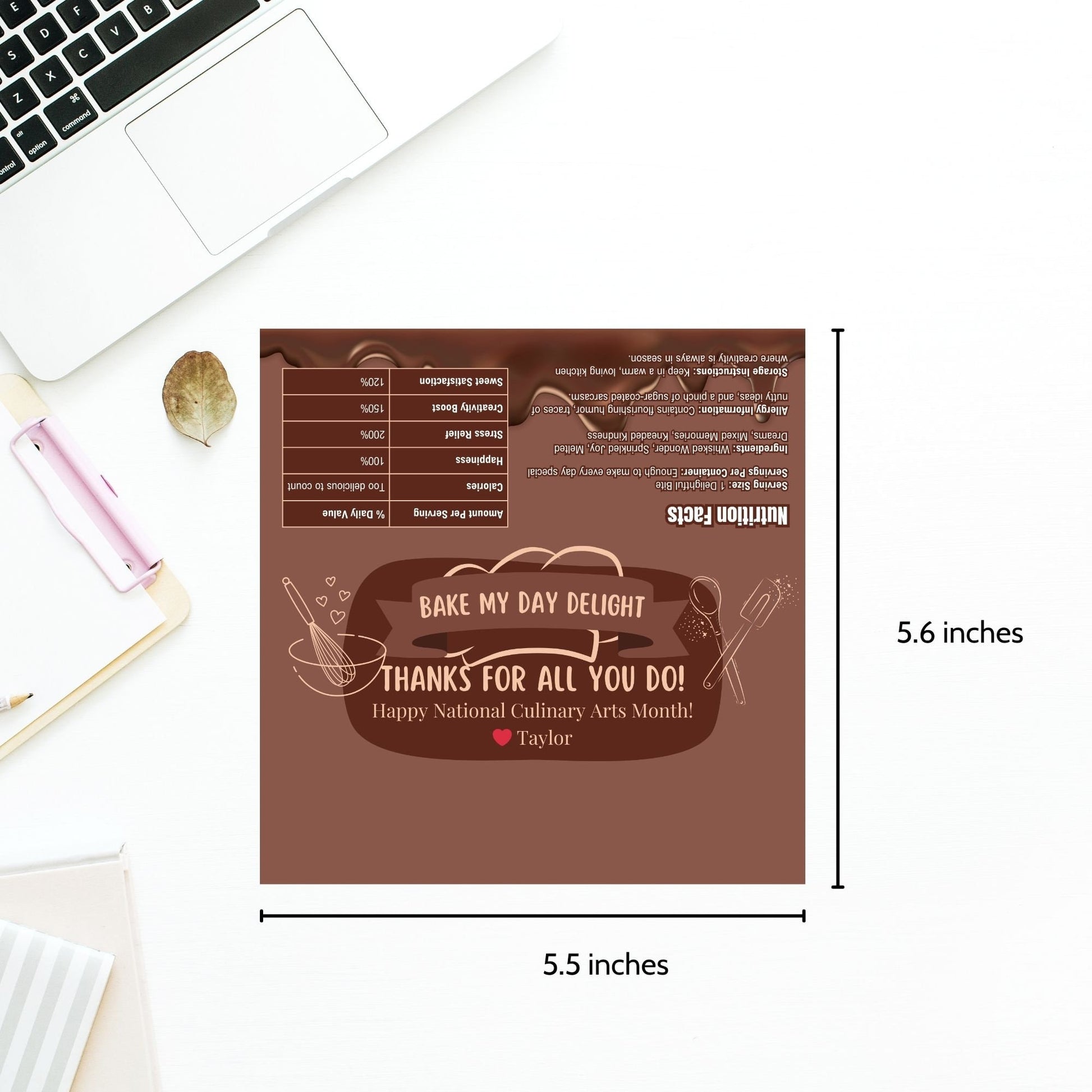 Printable chocolate bar wrapper for National Culinary Arts Month featuring a baking theme with Bake My Day Delight and Thanks for all you do! message, ideal for culinary enthusiasts.