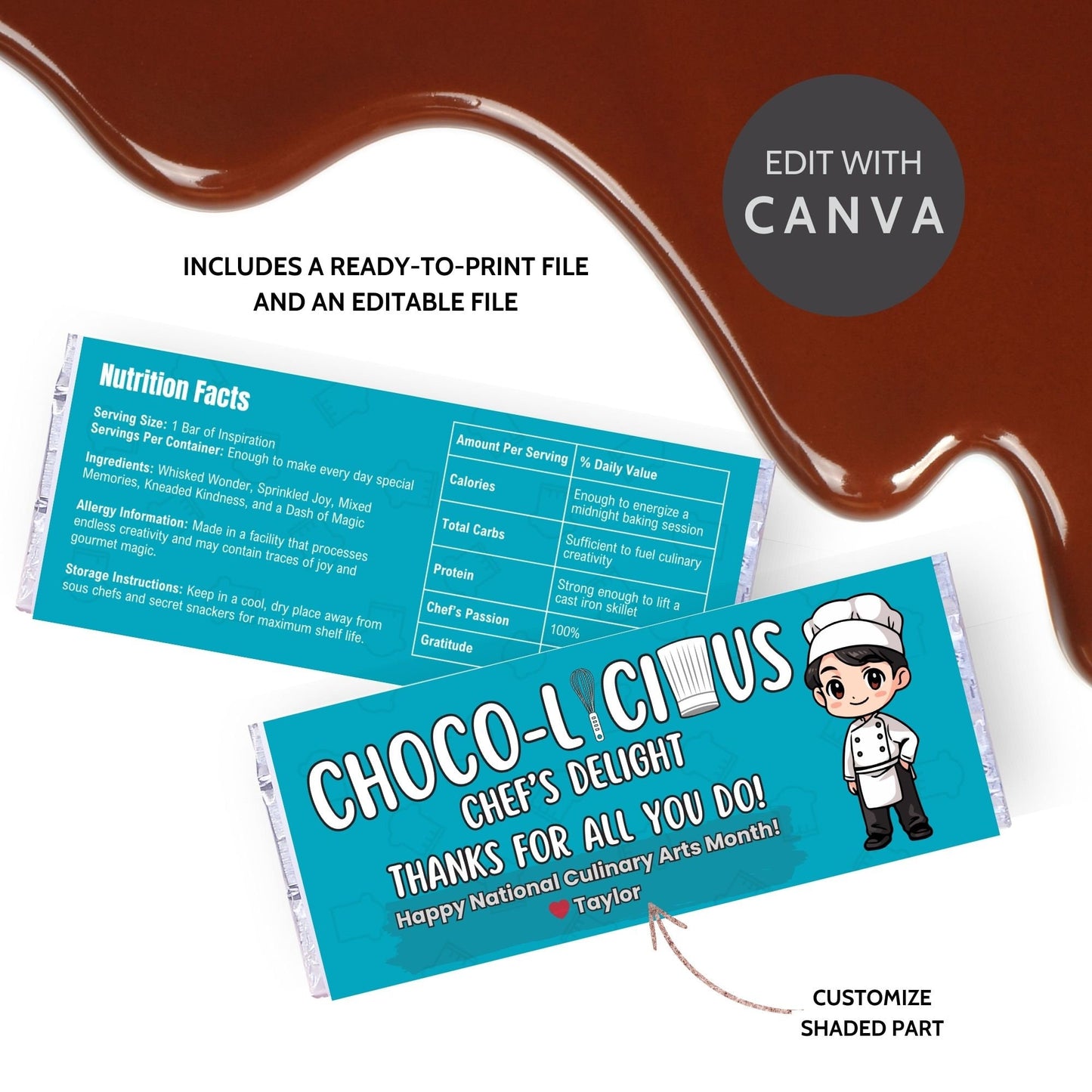 Printable chocolate bar wrapper for National Culinary Arts Month featuring a cute chef illustration with Choco-Licious Chefs Delight and Thanks for all you do! message, perfect for culinary professionals.