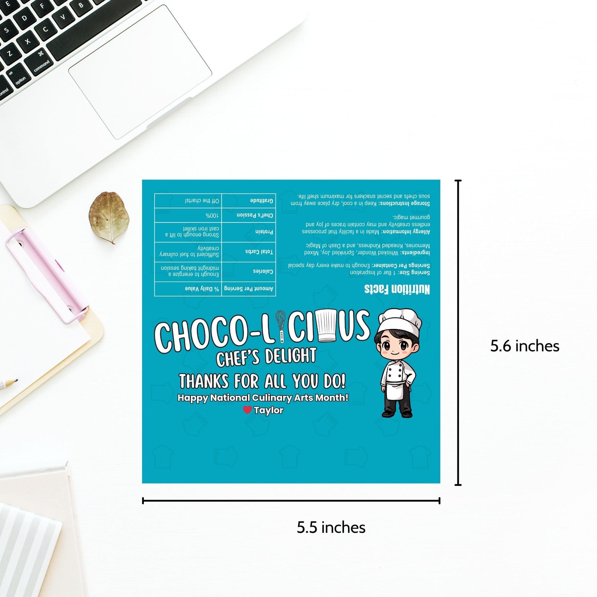 Printable chocolate bar wrapper for National Culinary Arts Month featuring a cute chef illustration with Choco-Licious Chefs Delight and Thanks for all you do! message, perfect for culinary professionals.