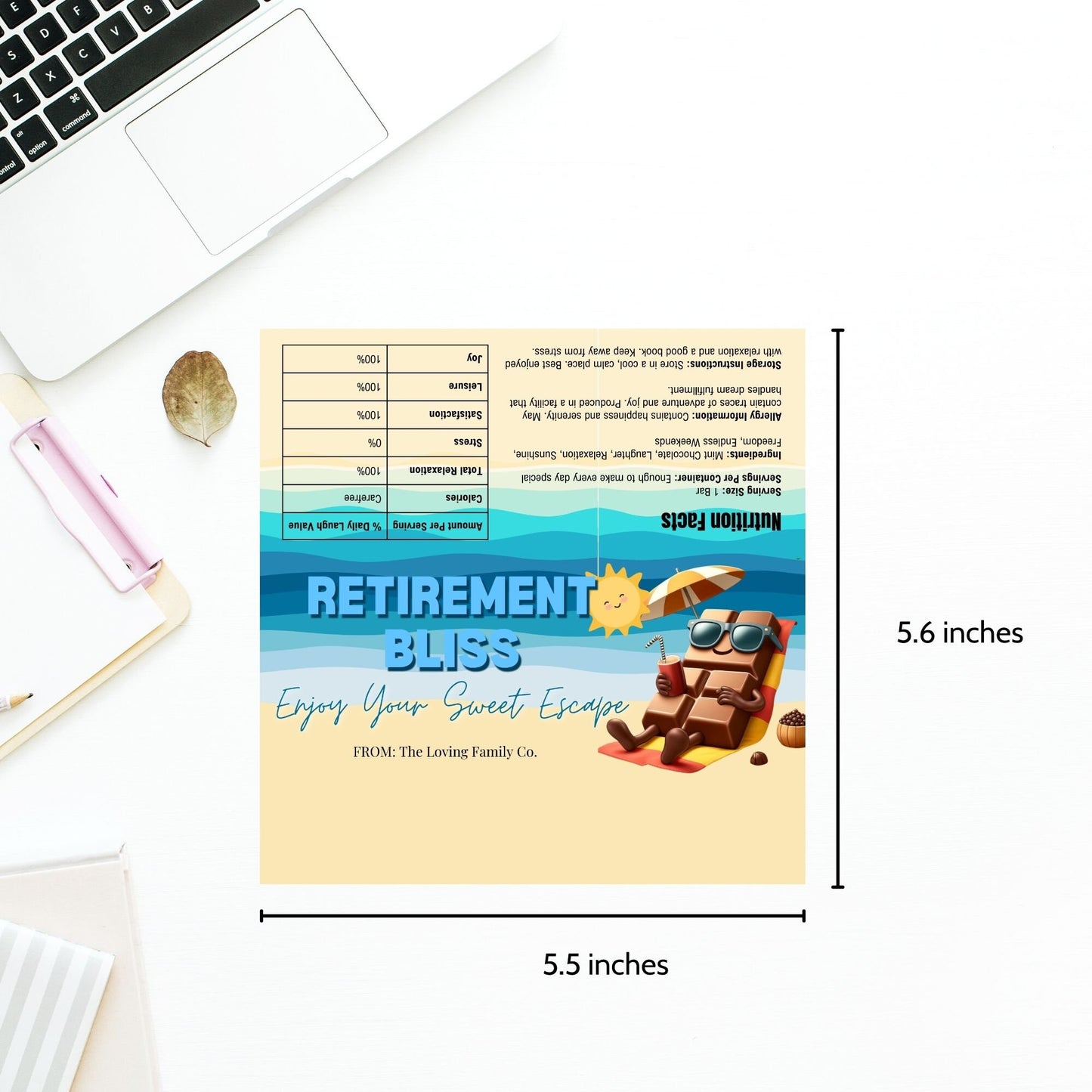 Colorful chocolate bar wrapper with a relaxing chocolate character on a beach, under the sun with the text Retirement Bliss: Enjoy Your Sweet Escape.