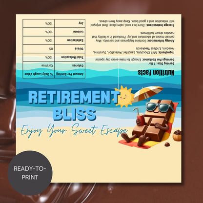 Colorful chocolate bar wrapper with a relaxing chocolate character on a beach, under the sun with the text Retirement Bliss: Enjoy Your Sweet Escape.