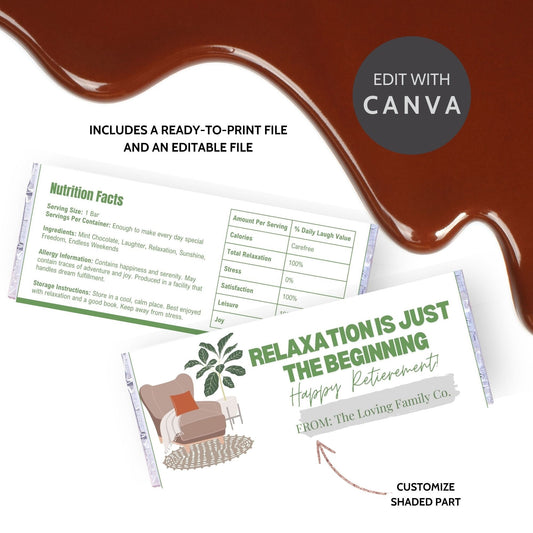 Chocolate bar wrapper with a cozy relaxation theme, featuring a comfy chair and plant, and the text Relaxation is Just the Beginning: Happy Retirement.