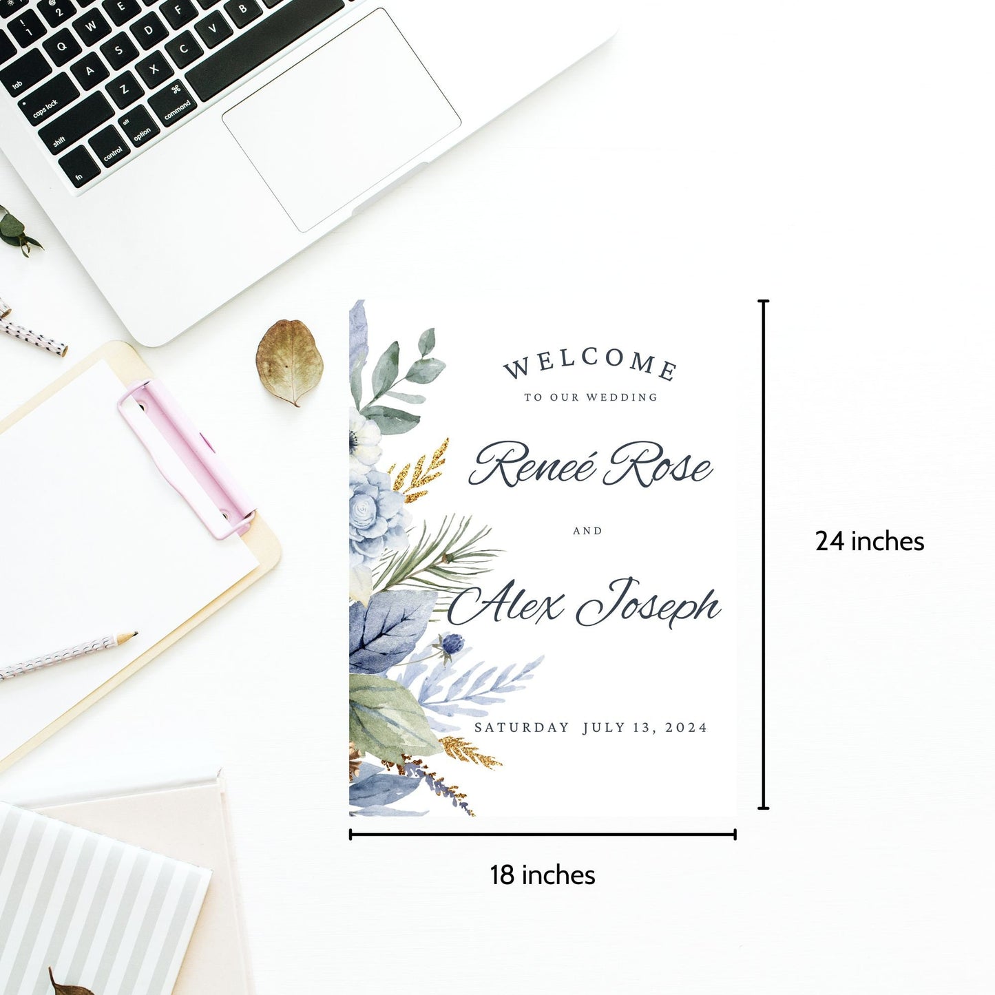 Editable wedding welcome poster template featuring elegant floral design. Customizable text for names and date. Size: 18x24 inches.