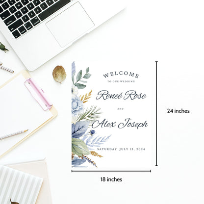 Editable wedding welcome poster template featuring elegant floral design. Customizable text for names and date. Size: 18x24 inches.