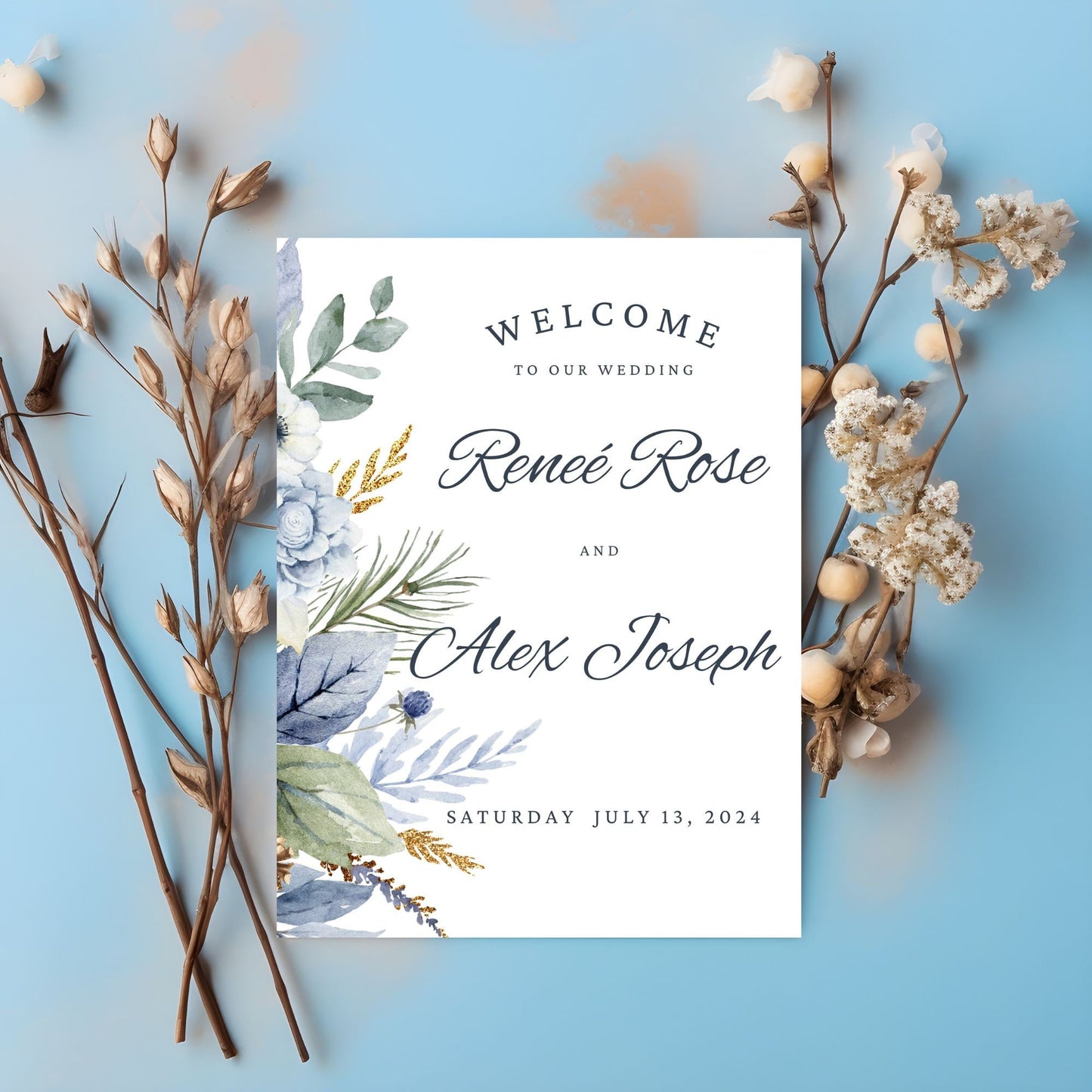 Editable wedding welcome poster template featuring elegant floral design. Customizable text for names and date. Size: 18x24 inches.