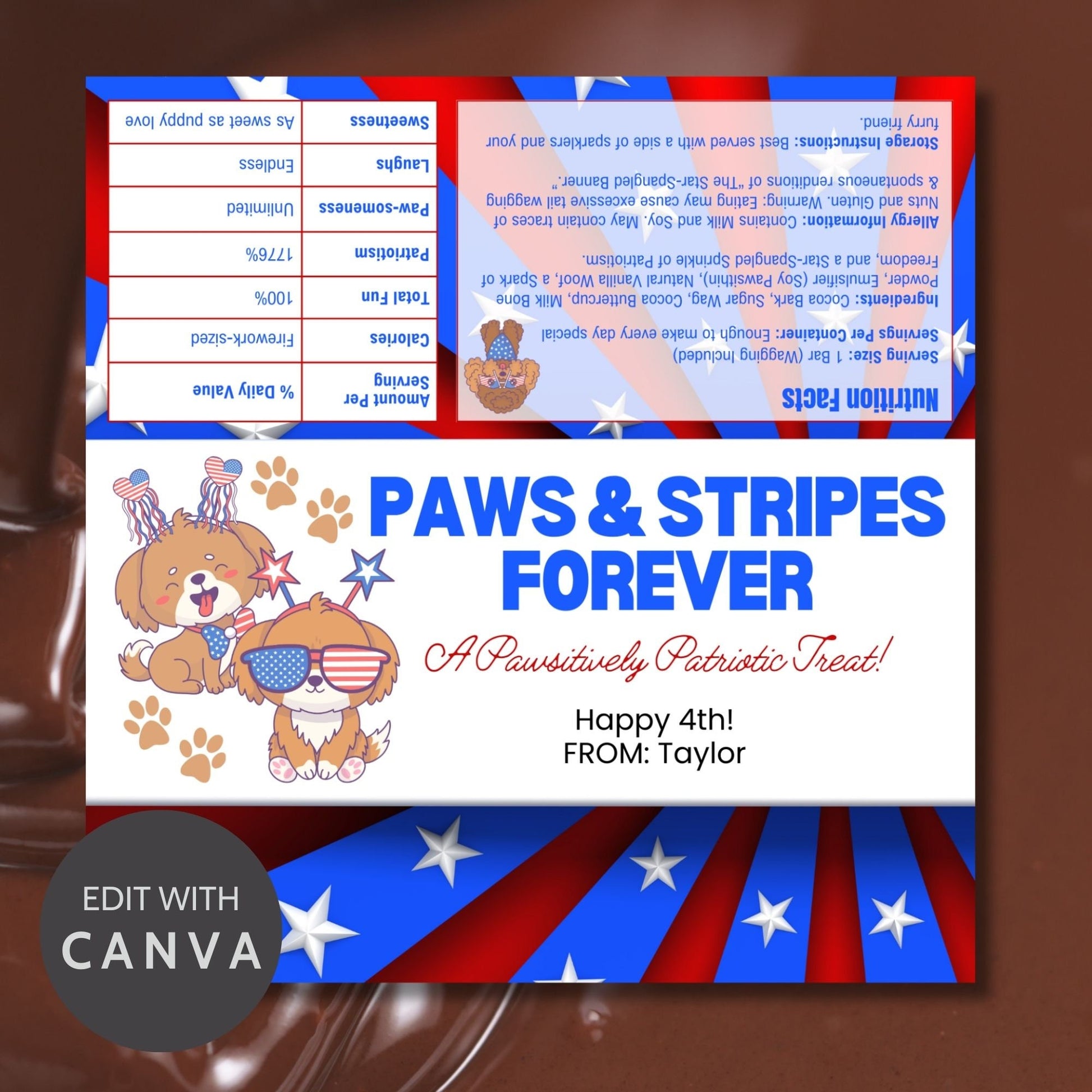 Printable 4th of July chocolate bar wrapper with Paws & Stripes Forever and cute puppy graphics in red, white, and blue. Text: A Pawsitively Patriotic Treat! Happy 4th!