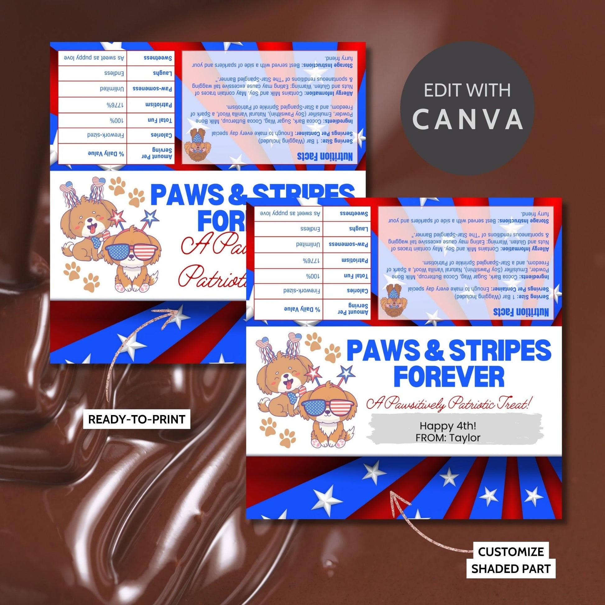 Printable 4th of July chocolate bar wrapper with Paws & Stripes Forever and cute puppy graphics in red, white, and blue. Text: A Pawsitively Patriotic Treat! Happy 4th!