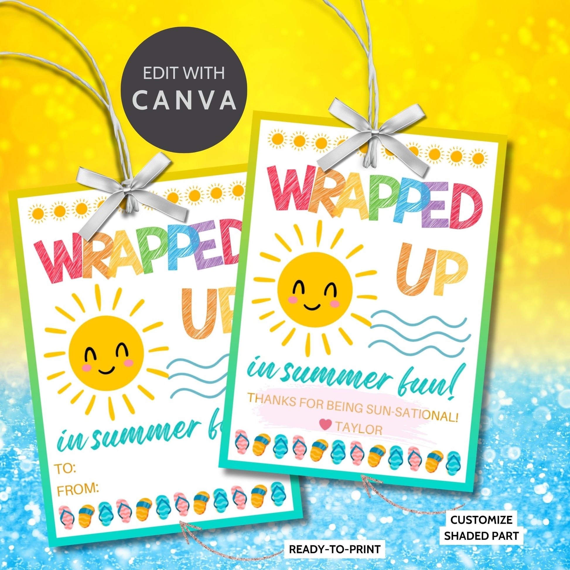 Cheerful summer gift tags featuring a smiling sun and colorful text that reads Wrapped Up in Summer Fun! Have a Dazzling Summer!