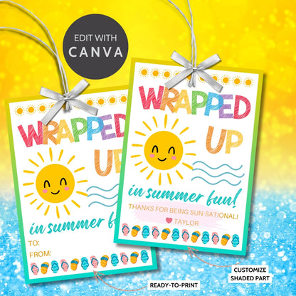 Cheerful summer gift tags featuring a smiling sun and colorful text that reads Wrapped Up in Summer Fun! Have a Dazzling Summer!