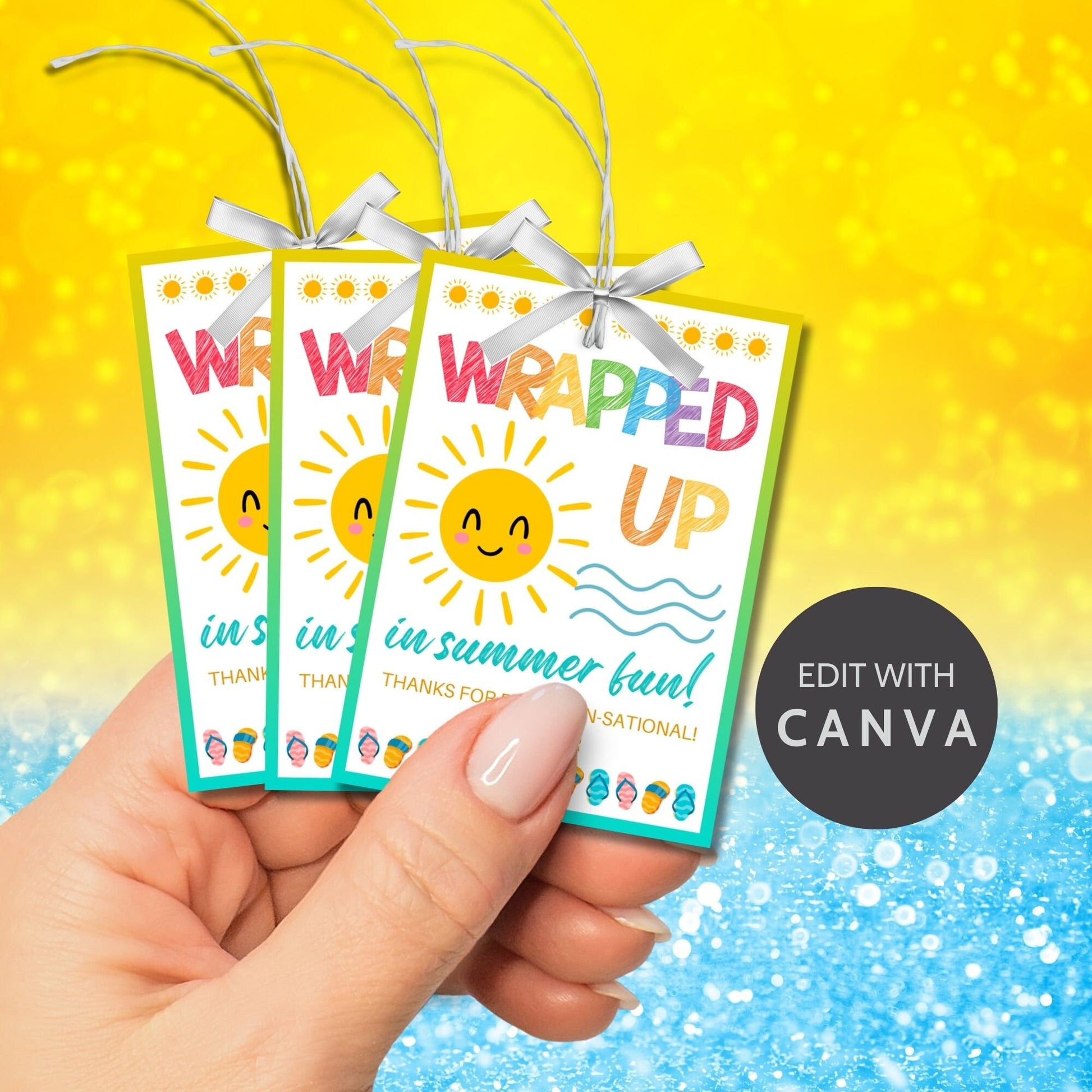 Cheerful summer gift tags featuring a smiling sun and colorful text that reads Wrapped Up in Summer Fun! Have a Dazzling Summer!