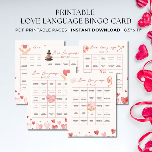 Love Language Bingo printable featuring five themed pages for couples, self-love, everyday kindness, romantic connection, and group or counseling activities, designed in soft pink tones on 8.5x11 pages.