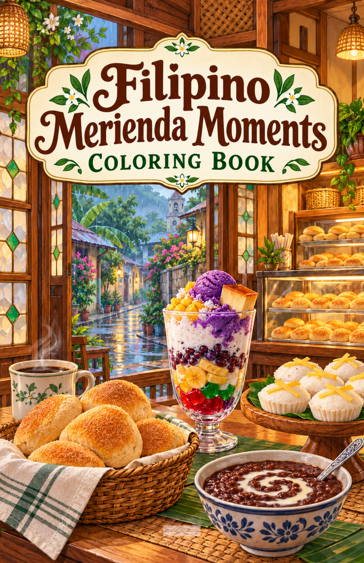 Filipino Merienda Moments printable coloring book featuring halo-halo, pandesal, Filipino sweets, and cozy panaderia scenes with colorable outline titles.